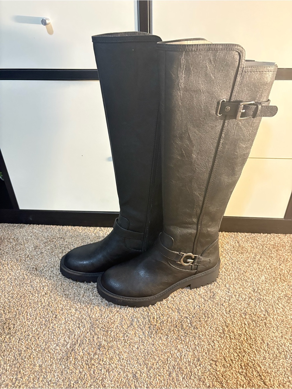 GUESS Black Knee-High Riding Boots with Buckle Detail